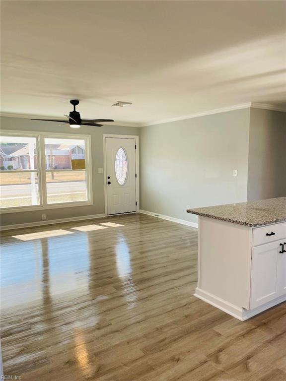 foyer featuring crown molding, plenty of natural light, ceiling fan, and light hardwood / wood-style floors