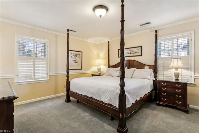 carpeted bedroom featuring ornamental molding