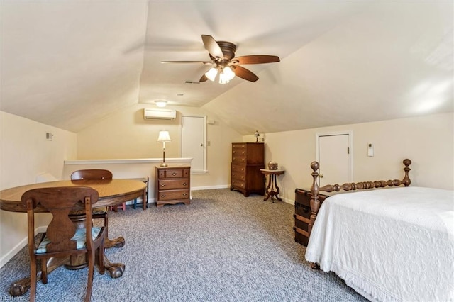 bedroom with vaulted ceiling, an AC wall unit, ceiling fan, and carpet flooring