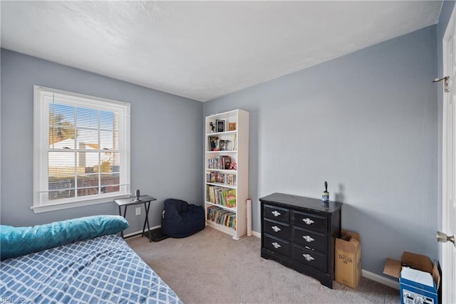 bedroom with light carpet