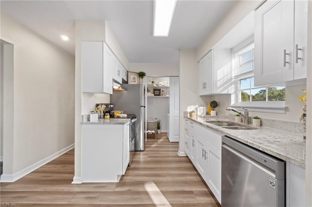 kitchen with white cabinetry, sink, stainless steel dishwasher, and light hardwood / wood-style floors