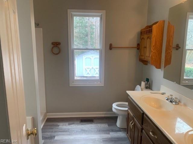 bathroom with vanity, toilet, and wood-type flooring