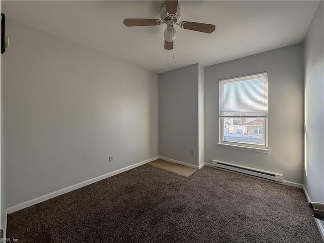 empty room with a baseboard heating unit, ceiling fan, and carpet flooring