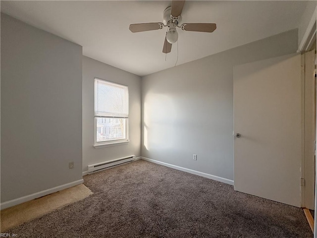 carpeted empty room with ceiling fan and a baseboard heating unit