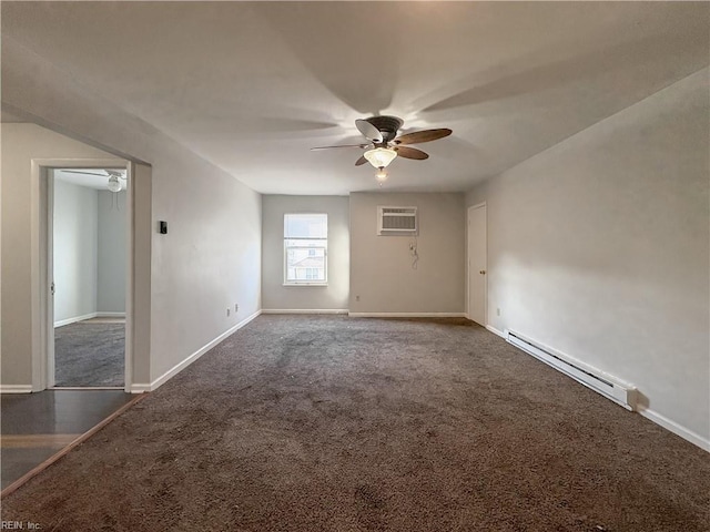 carpeted spare room featuring a baseboard radiator, a wall mounted air conditioner, and ceiling fan