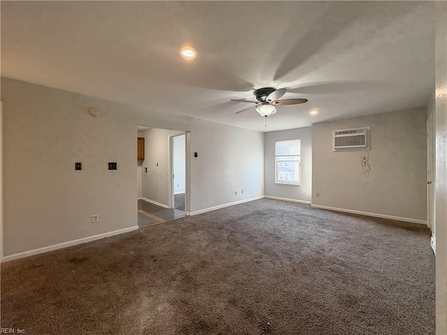 carpeted empty room featuring a wall mounted air conditioner and ceiling fan