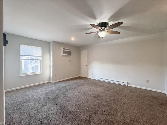 carpeted spare room with ceiling fan, a baseboard radiator, and a wall unit AC