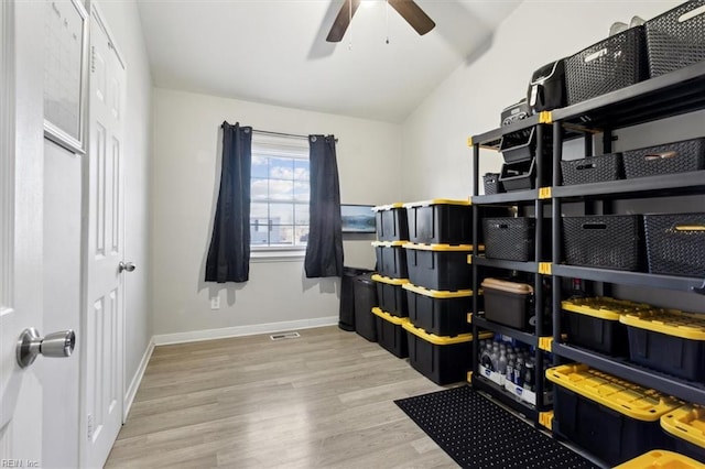 storage room featuring ceiling fan