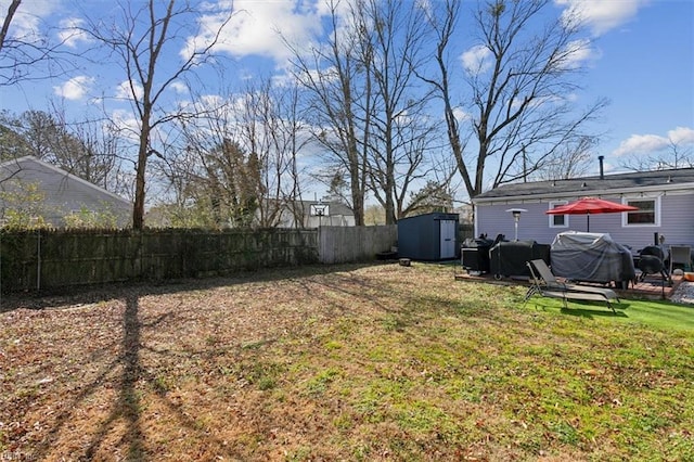 view of yard featuring a storage unit