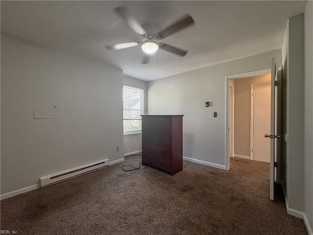 unfurnished bedroom with a baseboard radiator, ceiling fan, and dark colored carpet