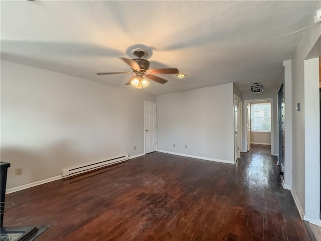 unfurnished room with ceiling fan, a baseboard radiator, and dark hardwood / wood-style flooring