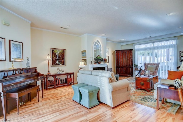 living room with crown molding, light hardwood / wood-style flooring, and a textured ceiling