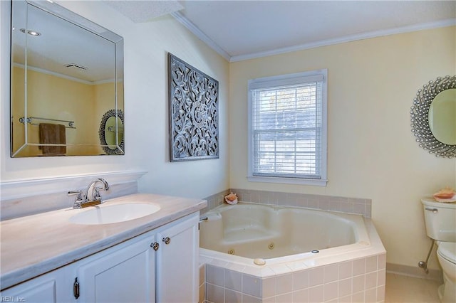 bathroom with vanity, tiled tub, crown molding, and toilet