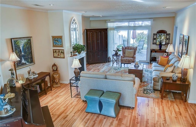 living room with ornamental molding and light hardwood / wood-style flooring