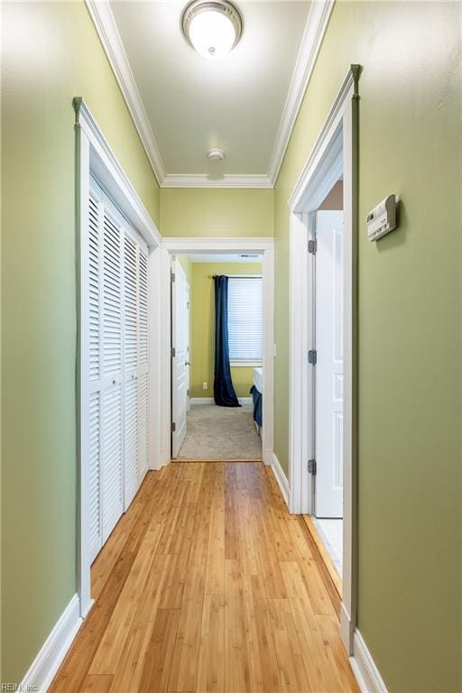 hall featuring crown molding and light hardwood / wood-style floors