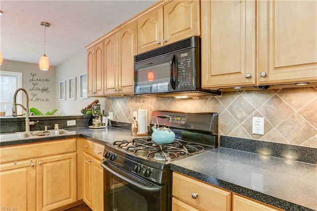 kitchen with sink, hanging light fixtures, light brown cabinets, decorative backsplash, and black appliances