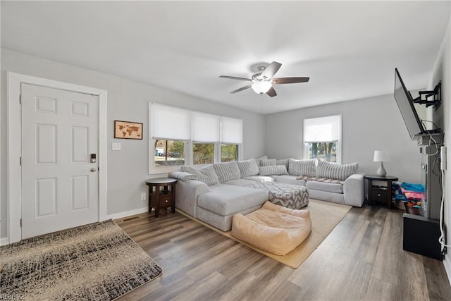 living room with hardwood / wood-style floors and ceiling fan