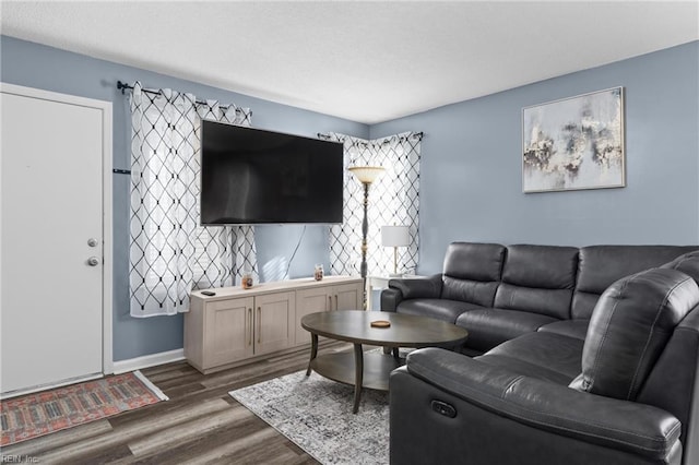 living room with dark hardwood / wood-style floors