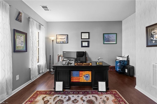 office area with dark hardwood / wood-style flooring