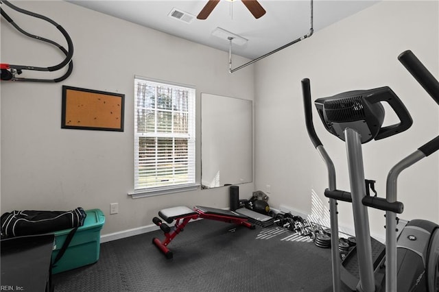 exercise room with ceiling fan