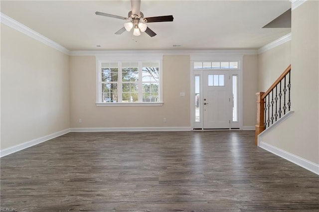 entrance foyer featuring ornamental molding, ceiling fan, and dark hardwood / wood-style flooring