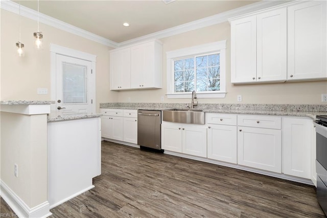 kitchen with sink, hanging light fixtures, stainless steel dishwasher, ornamental molding, and white cabinets