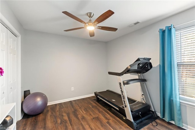 exercise area with dark wood-type flooring and ceiling fan