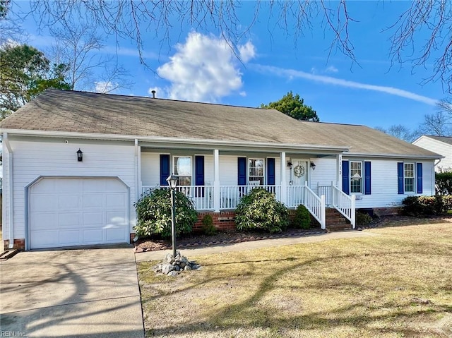 ranch-style house featuring a garage, a front lawn, and covered porch