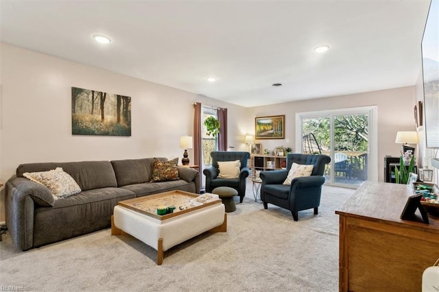 living room featuring light colored carpet