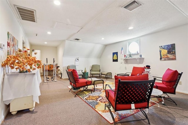 carpeted living room featuring a textured ceiling