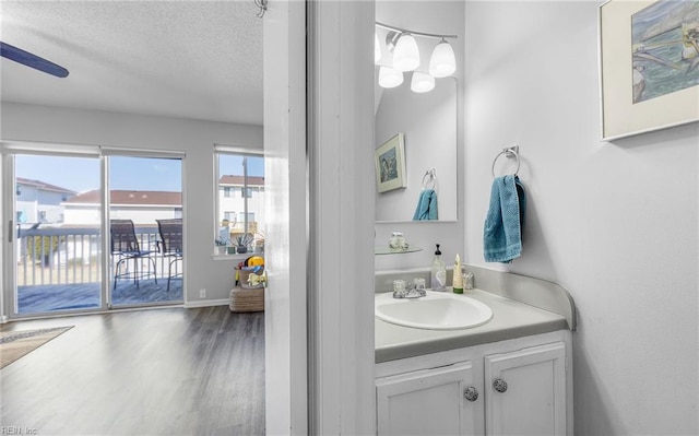 bathroom featuring vanity, hardwood / wood-style floors, and a textured ceiling