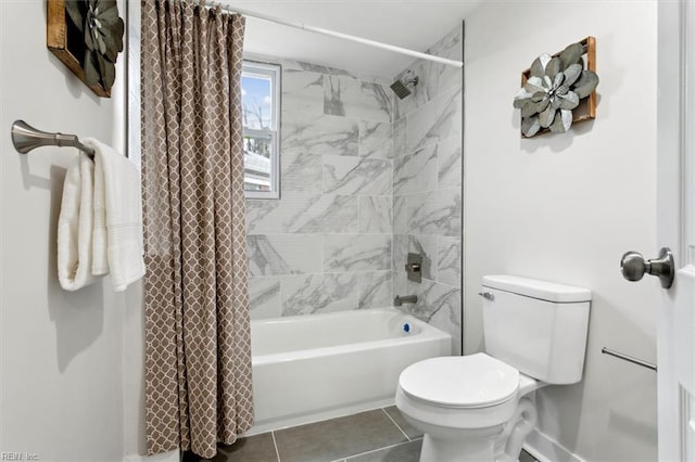 bathroom featuring shower / tub combo with curtain, toilet, and tile patterned flooring