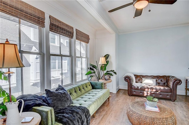 living room featuring ornamental molding, ceiling fan, and light wood-type flooring