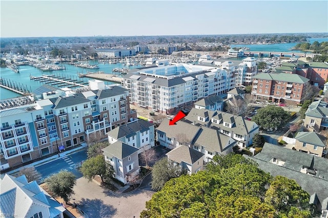 aerial view featuring a water view