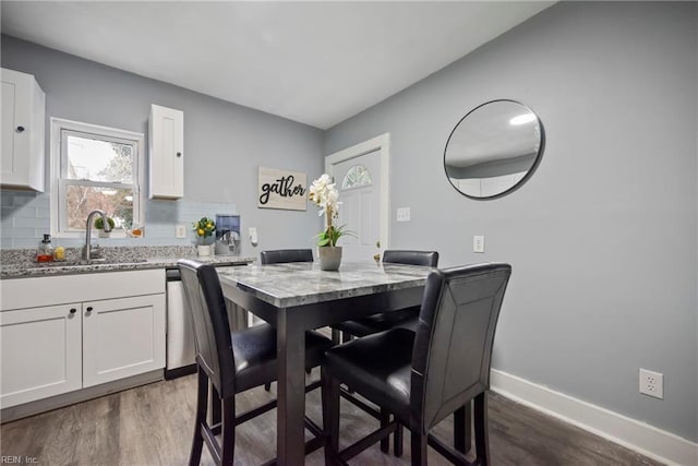 dining area with sink and dark wood-type flooring