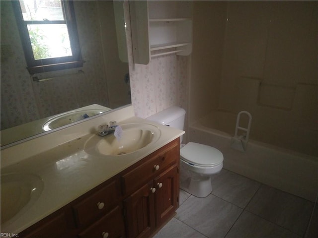 full bathroom featuring shower / tub combination, vanity, and toilet