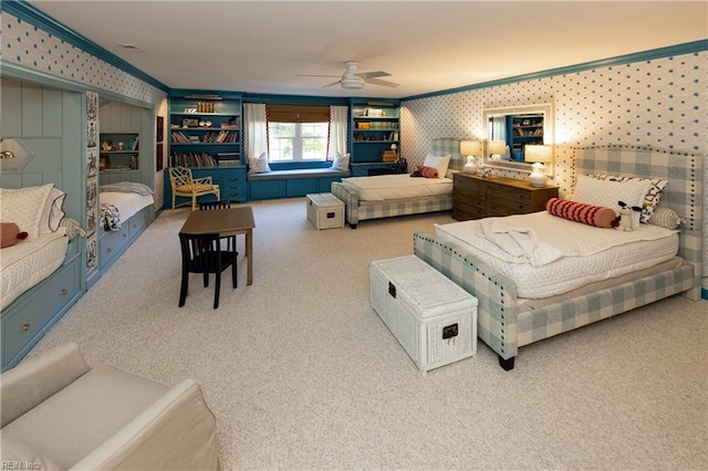 bedroom featuring light carpet, ornamental molding, and ceiling fan