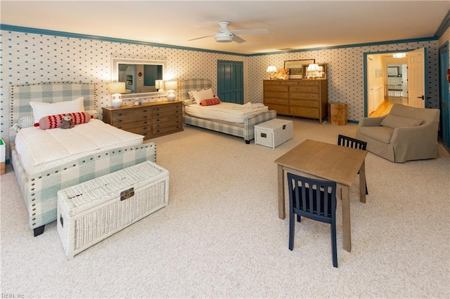 carpeted bedroom featuring ornamental molding