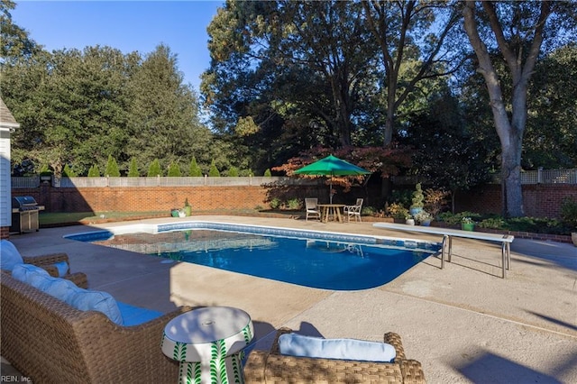 view of pool featuring a grill, outdoor lounge area, and a patio area