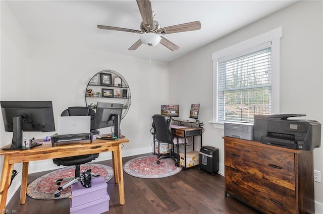 home office featuring dark wood-type flooring and ceiling fan