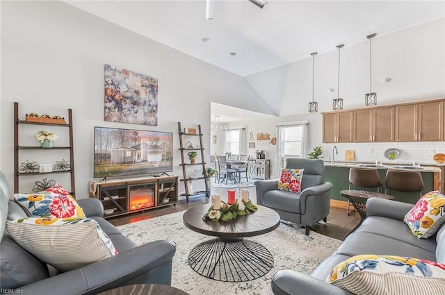 living room featuring vaulted ceiling, sink, and hardwood / wood-style floors