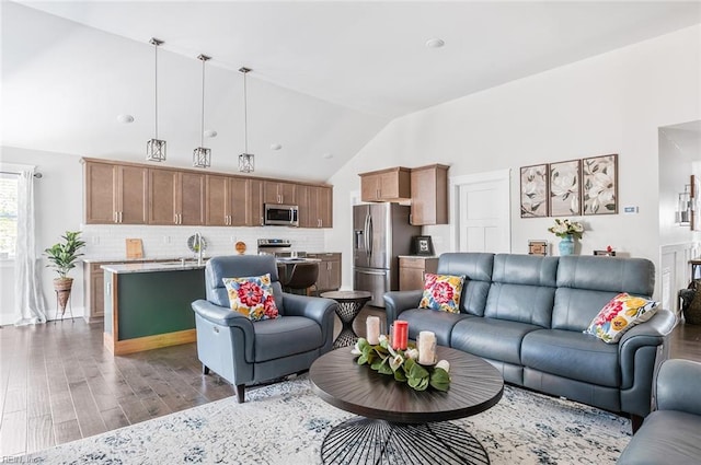 living room featuring sink, high vaulted ceiling, and dark hardwood / wood-style floors