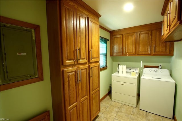 laundry area featuring cabinets, electric panel, and washer and clothes dryer