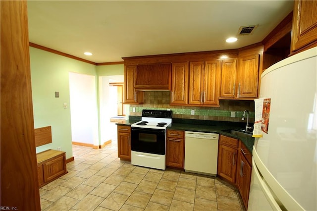 kitchen featuring electric range oven, dishwasher, sink, decorative backsplash, and fridge