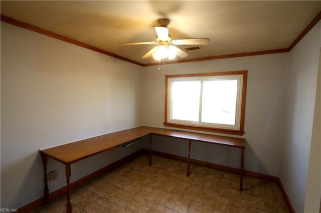 interior space with crown molding and ceiling fan