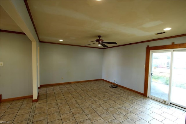 unfurnished room featuring light tile patterned floors, crown molding, and ceiling fan