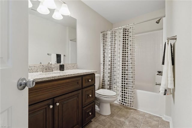 full bathroom featuring vanity, shower / bathtub combination with curtain, tile patterned floors, and toilet