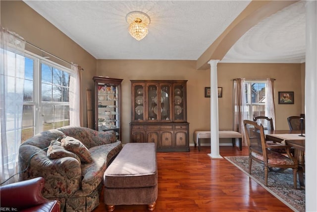 living room with dark hardwood / wood-style floors and ornate columns