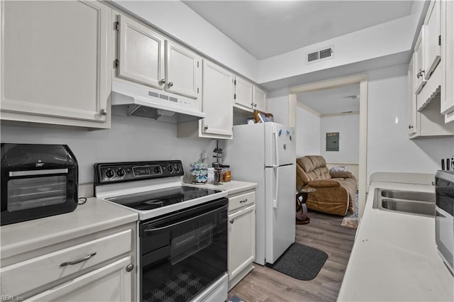 kitchen with white cabinetry, light hardwood / wood-style flooring, and range with electric cooktop