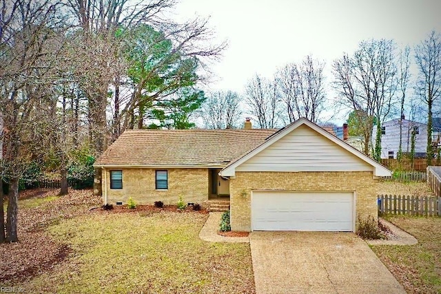 ranch-style home featuring an attached garage, fence, driveway, a chimney, and a front yard